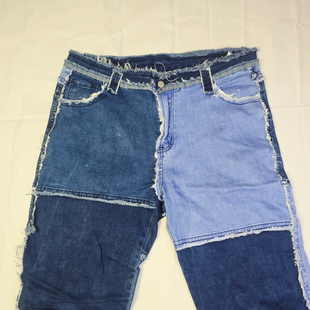 Unbranded Men's Patchwork Denim Jeans XL 36 x 29 Blue Frayed Raw Edge Seams Z36 - Picture 2 of 12